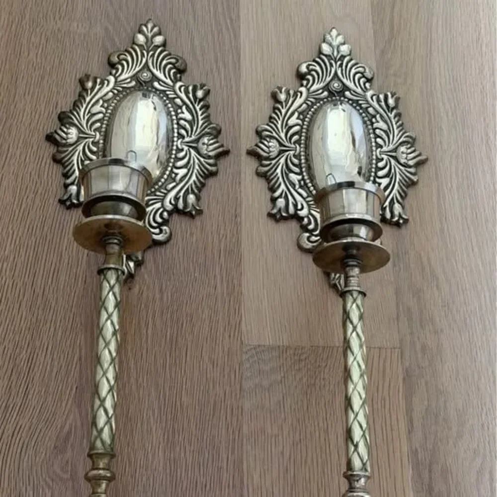 Vintage brass ornate candelabra wall sconce set of 2